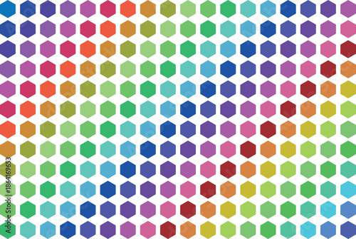 Vibrant multicolored hexagon pattern on white background, colorful geometric design, abstract illustration for creative projects and decorative use