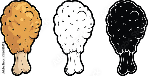 Fried chicken silhouette & Outline and illustration set isolated on transparent background