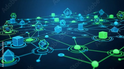 A futuristic network graphic illustration with neon green and blue geometric shapes and lines on a dark background