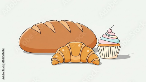 A colorful illustration of a loaf of bread, a croissant, and a cupcake on a plain background