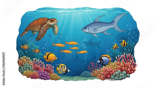 A vibrant underwater scene featuring a sea turtle, shark, and various fish swimming near a colorful coral reef in a vector graphic illustration.