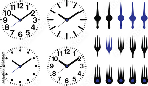 Clock face blank isolated on white background. Vector clock hands. Set for watch design