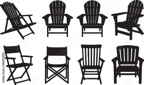 Collection of Adirondack and Deck Chair Silhouettes, Outdoor Wooden Garden Furniture Vector Set for Resort and Patio Design