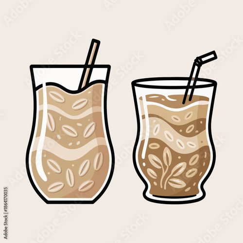 Healthy oatmeal smoothie vector illustration with oat grains in glasses isolated on cream background
