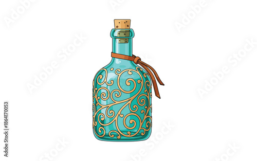 Vintage Turquoise Glass Bottle with Ornate Design and Cork Stopper