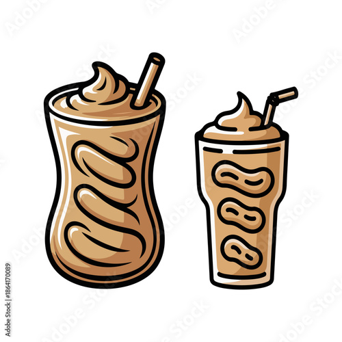 Creamy peanut butter smoothie vector illustration with whole peanuts in glasses isolated on white background