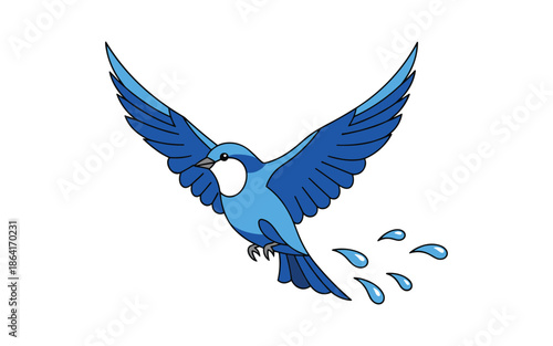 Blue Bird Flying with Water Droplets Vector Illustration