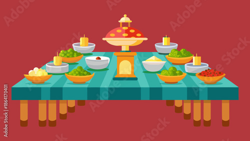 Long table icon with various covered dishes and plates, representing an Iftar party or buffet.