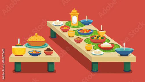 Long table icon with various covered dishes and plates, representing an Iftar party or buffet.