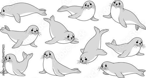 Cute seal animal vector set with different swimming and resting poses for children and marine design