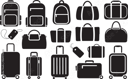 Collection of diverse black luggage silhouettes including rolling suitcases backpacks duffel bags and travel bags for vacation and business trips