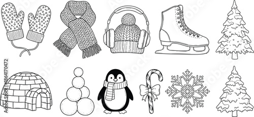 Winter icon set, black and white, seasonal vector, snowman, penguin, mittens, scarf, hat, snowflake, igloo, pine tree, candy cane, ice skate, holiday theme, editable, silhouette style,