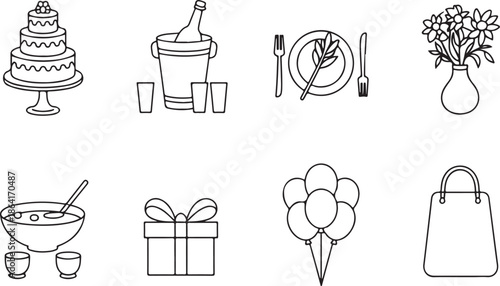 Collection of elegant hand drawn wedding and celebration elements in a sketch silhouette style