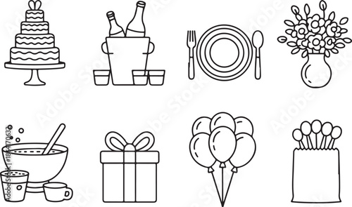 Collection of elegant hand drawn wedding and celebration elements in a sketch silhouette style