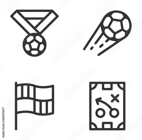 Simple icons representing sports elements like medal, soccer ball, flag, and strategy board