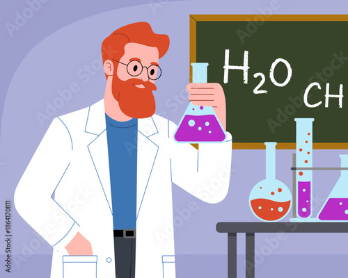 A vivid illustration depicting a scientist in a lab coat, pouring colorful liquids into flasks, showcasing the art of chemistry and the curiosity of scientific exploration.