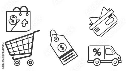 e-commerce shopping icons, cart, payment, delivery, discount tag, online store symbols, flat vector svg, clean minimal style, transparent background