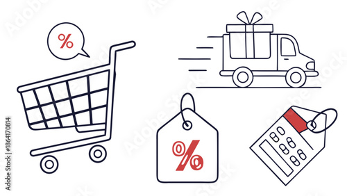 e-commerce shopping icons, cart, payment, delivery, discount tag, online store symbols, flat vector svg, clean minimal style, transparent background