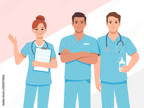A cheerful illustration depicting three healthcare professionals in scrubs, symbolizing teamwork, care, and dedication, emphasizing the essential role of medical staff in society.