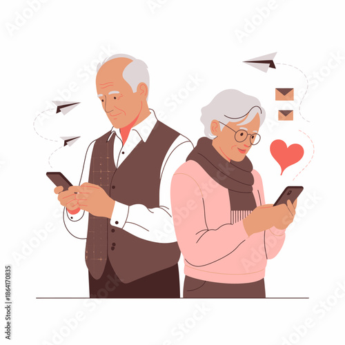 An elderly couple engaging with their smartphones, showcasing connection through modern technology, with paper airplanes and hearts symbolizing communication and love.