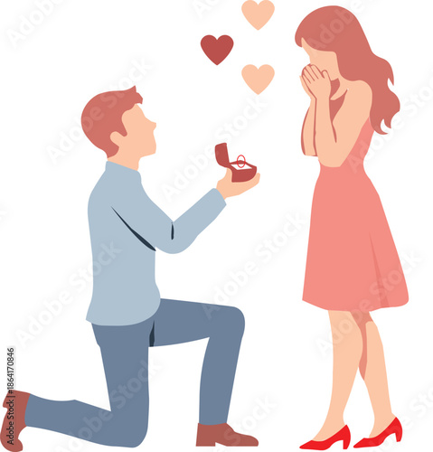 Romantic proposal illustration showing couple silhouette with ring box in minimal flat vector style perfect for engagement love story and valentine themed designs