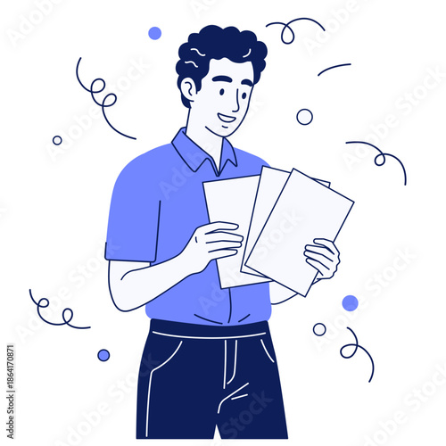 Professional Man Reviewing Documents - Flat Vector Illustration