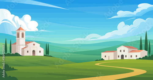A picturesque landscape featuring rolling hills, lush greenery, and a serene village with a church, capturing the essence of tranquility and natural beauty in the countryside.