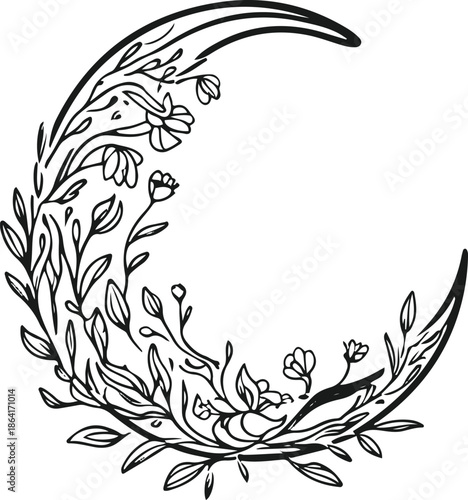 Minimal line art of crescent moon made of intertwined wildflowers and leaves, mystical botanical sticker design 2