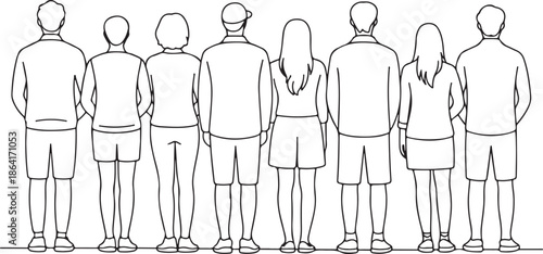 Contour line drawing group of people waiting in queue. Crowd standing at concert, meeting back view