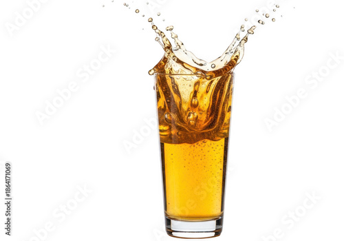 A tall glass of amber liquid splashing upwards, isolated on transparent background