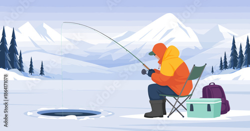 An inviting illustration of a person ice fishing on a frozen lake, set against a stunning backdrop of snow-capped mountains and a beautiful winter landscape.