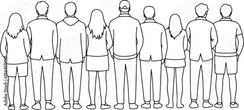 Contour line drawing group of people waiting in queue. Crowd standing at concert, meeting back view