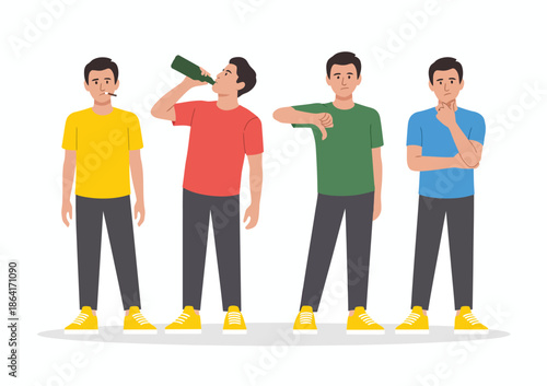 A trendy illustration showing four young men in various poses including drinking, thinking, and relaxing, reflecting the diversity of youth in a vibrant artistic style.