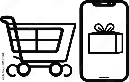 Minimal line art of shopping cart with smartphone and package icons, ecommerce concept, clean stock illustration 3