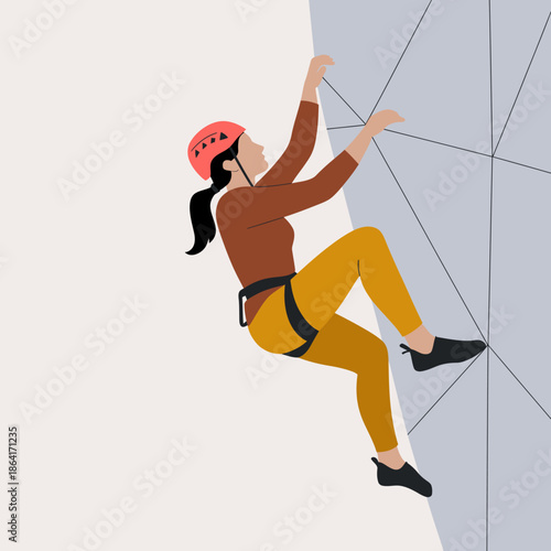 An illustration of a woman climbing a rock wall, showcasing determination and strength while wearing a helmet and harness, emphasizing sports and fitness activities in a safe environment.