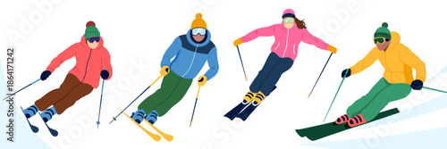 A vibrant scene featuring four friends skiing down a slope, fully equipped with colorful outfits, showcasing excitement and camaraderie in a snowy winter landscape.