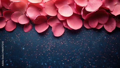 Close-up of pink petals with glitter on a dark blue, sparkly background. Use as festive backdrop, holiday cards, or romantic presentations.