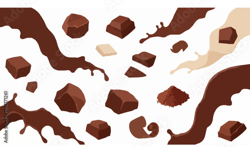 3D chocolate splash pieces cocoa realistic vector illustration