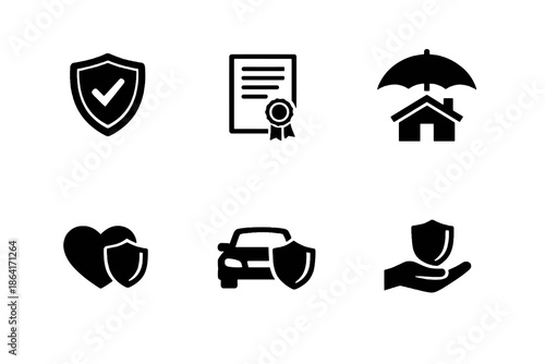 Risk protection and insurance icon set in black flat vector style. Clean security symbols for fintech platforms, websites, and digital insurance services.