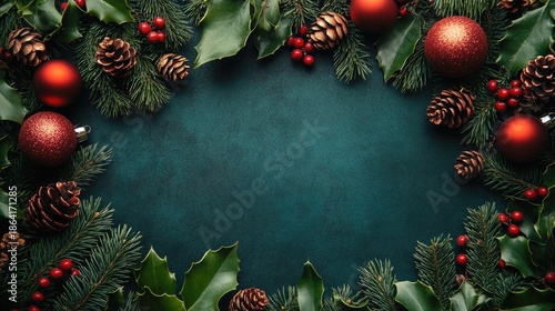 Holiday frame with pinecones, red balls, holly leaves, berries, on dark teal. Use this for Christmas cards, invitations, or holiday themed designs.