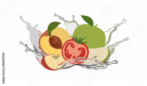 3D fruit juice splash peach apple tomato vector for packaging