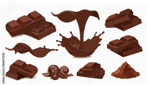 Realistic chocolate elements set dark liquid slices splashes vector