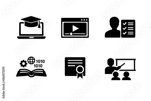 E-learning and online training icon set in black flat vector style. Clean education symbols for digital classrooms, websites, and course platforms.