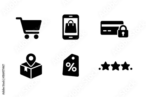 Online shopping and digital commerce icon set in black flat vector style. Clean retail symbols for e-commerce platforms, websites, and mobile shopping apps.