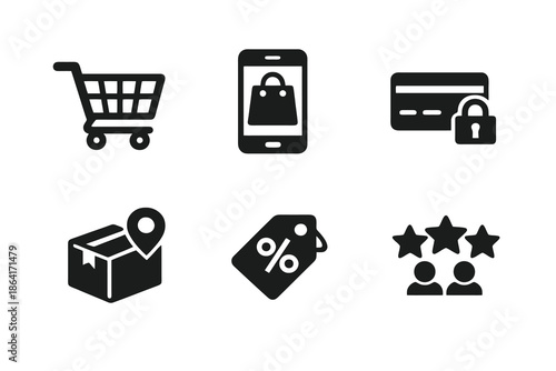 E-commerce icon set with online shopping, secure payments, delivery, and discounts. Black flat vector icons for marketplaces, retail apps, and digital store UI design.