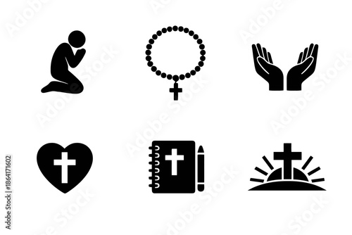 Religious devotion icon set with prayer, faith, and daily spiritual practice symbols. Black flat vector icons for faith apps, devotionals, and religious UI design.