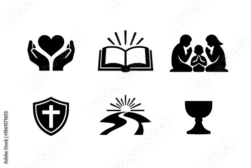 Religious icon set with gratitude, family prayer, hope, and spiritual protection symbols. Black flat vector icons for faith apps, devotionals, and religious UI design.