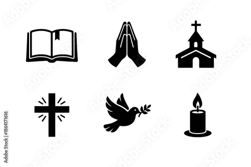 Religious icon set with prayer, Bible, church, and faith symbols. Black flat vector icons for spiritual apps, January devotionals, religious UI, and faith-based platforms.