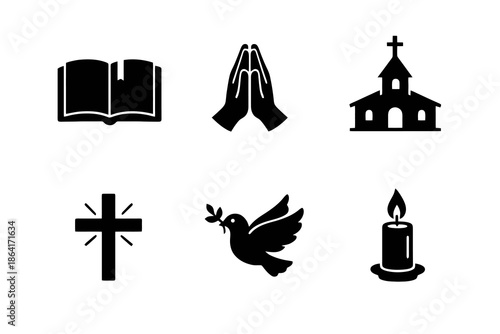 Faith and spirituality icon set in black flat vector style. Clean religious symbols for worship content, planners, websites, and spiritual digital projects.
