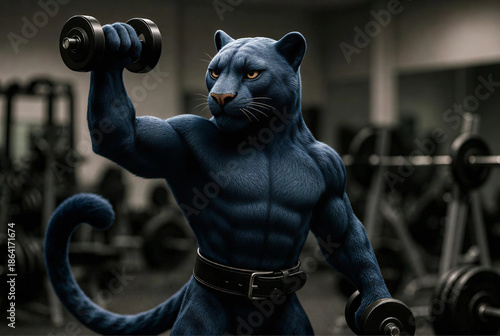 Muscular Blue Panther Powerlifting in Gym
